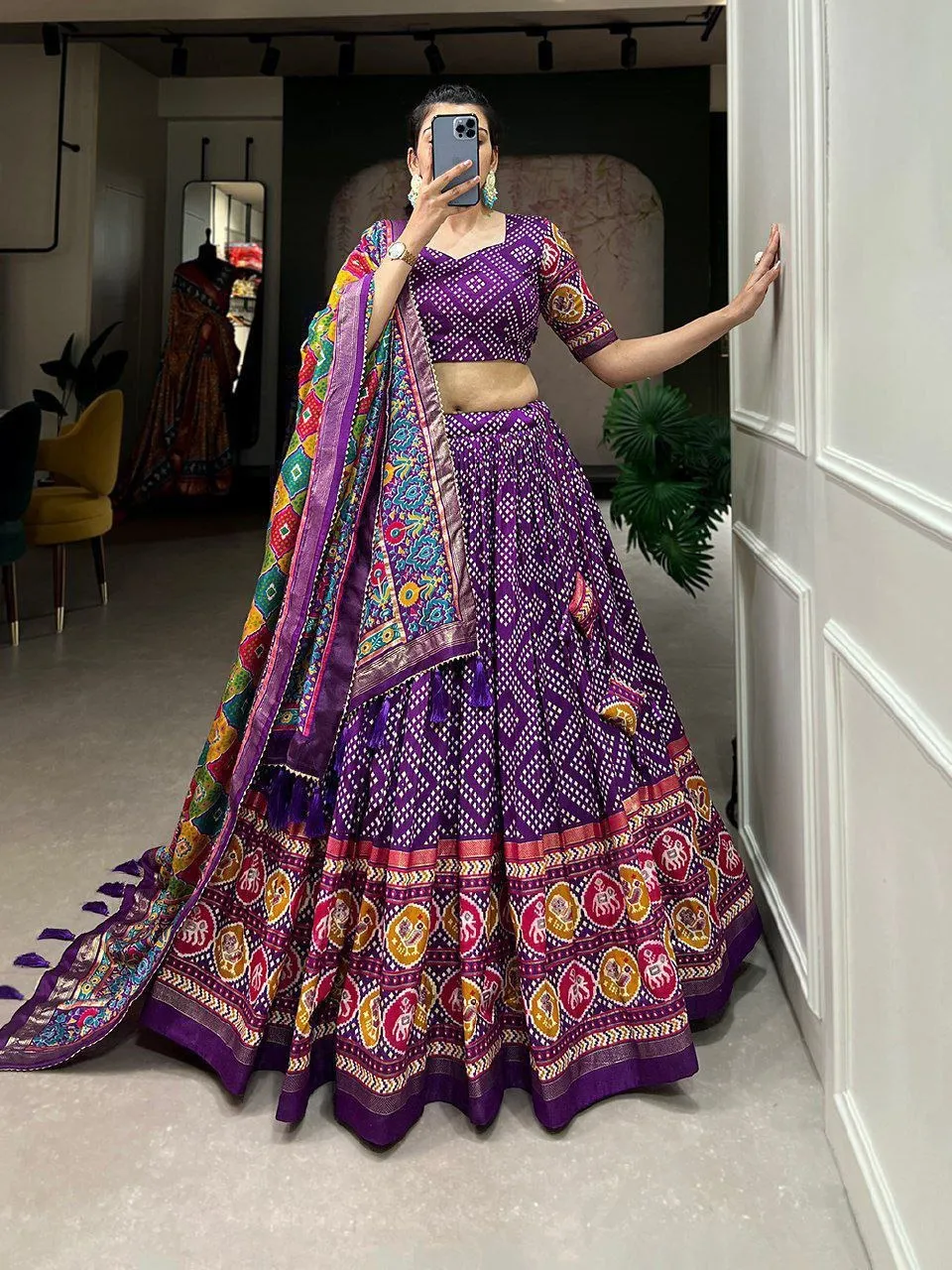 Bt 7028 Beautiful Tussar Silk Wholesale Bandhej Patola Lehenga Choli Collection — Lehenga, Vardan Ethnic wholesale from Surat — view 4