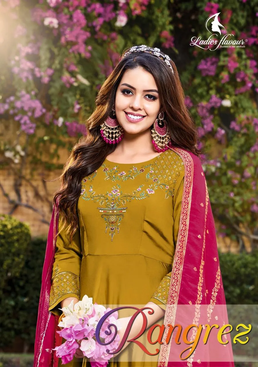 Ladies Flavour Rangrez Pure Silk Wholesale Gown With Dupatta Collection