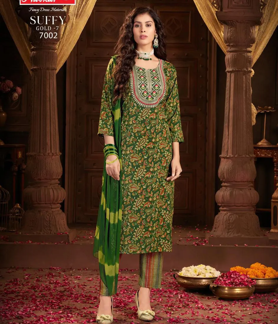 Navkar Suffy Gold 7 Rayon Foil Printed Wholesale Readymade Suit Collection