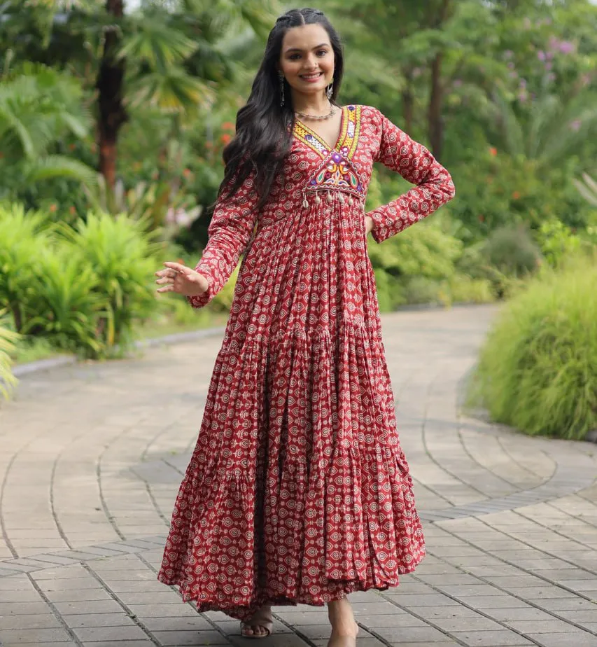 Anamika Vol 112 Printed Cotton With Kutchi Gamthi Work Wholesale Gown Collection