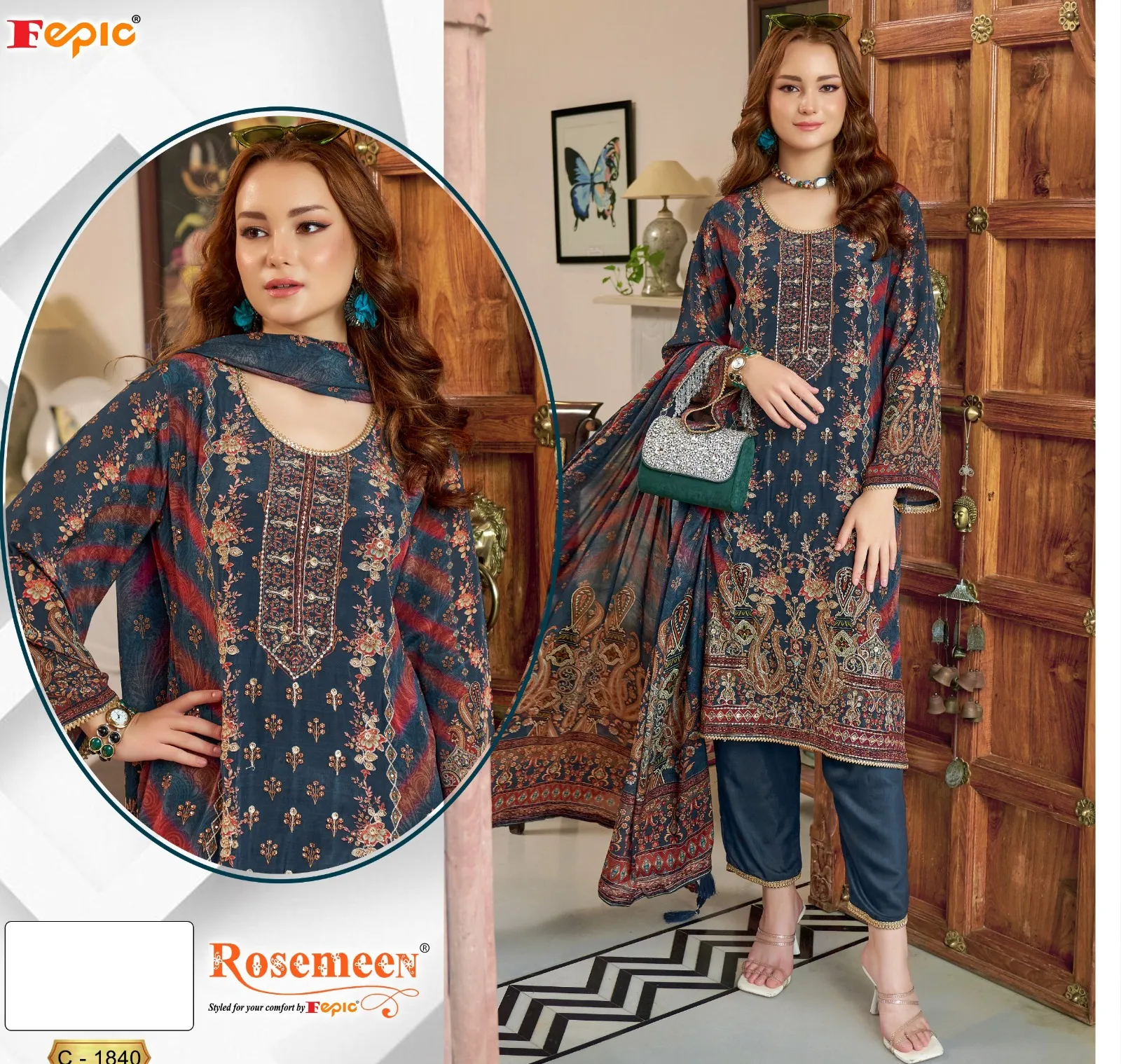 Fepic C 1840 Pure Natural Crape Wholesale Pakistani Salwar Suit Collection