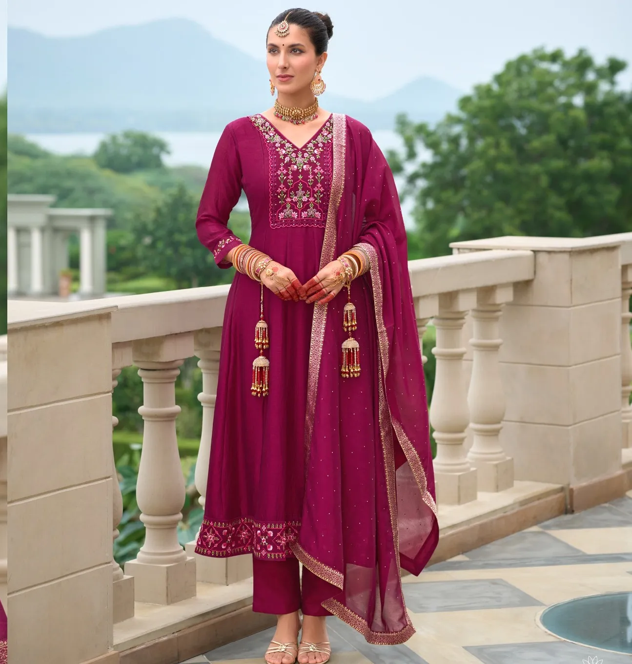 Lily And Lali Karwa Anarkali Vichitra Silk Wholesale Readymade Salwar Suit Collection