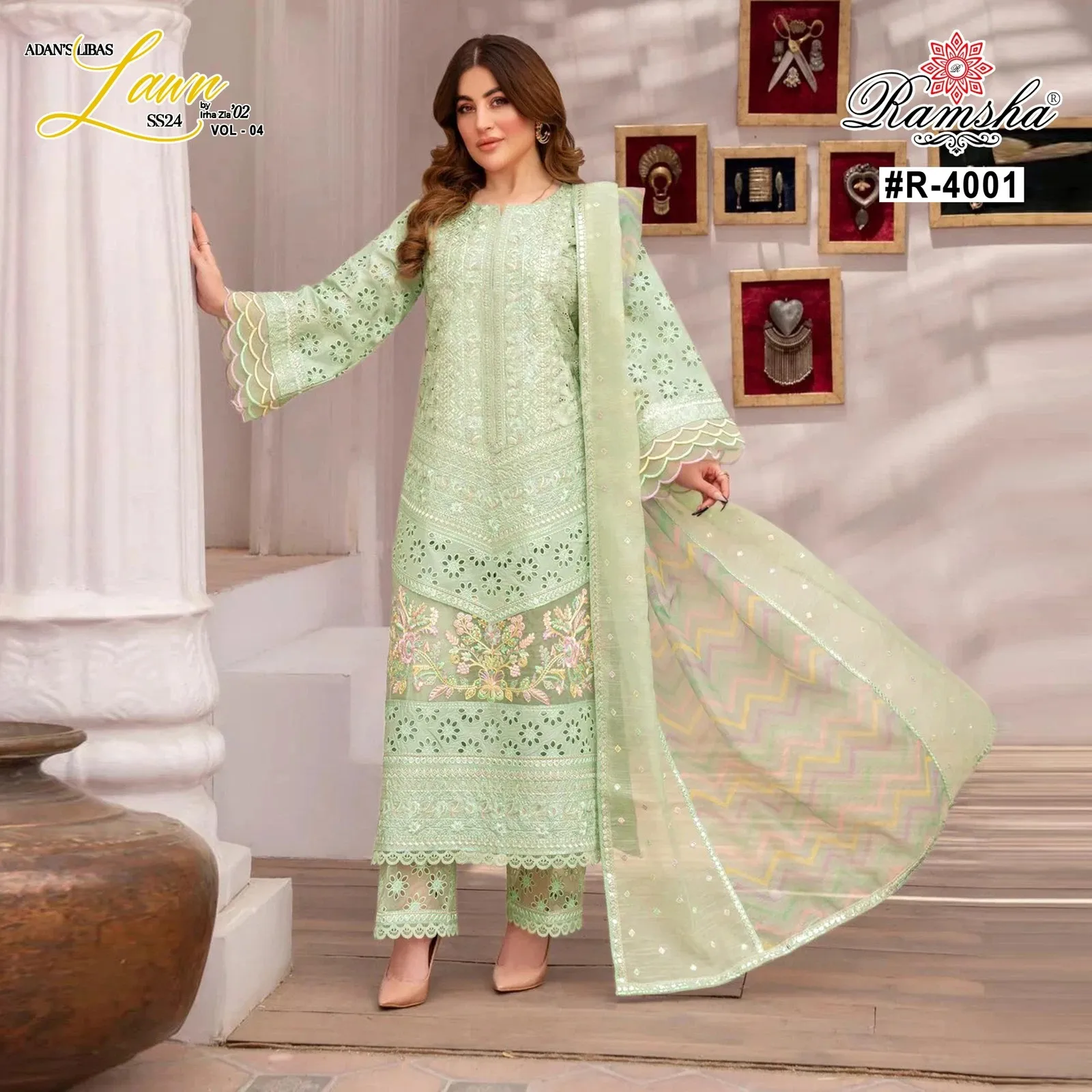 Ramsha Adan Libas Vol 4 Cambric Embroidered Wholesale Pakistani Salwar Suit Collection — Wholesale Readymade Suit, Ramsha wholesale from Surat - Gallery Image 3