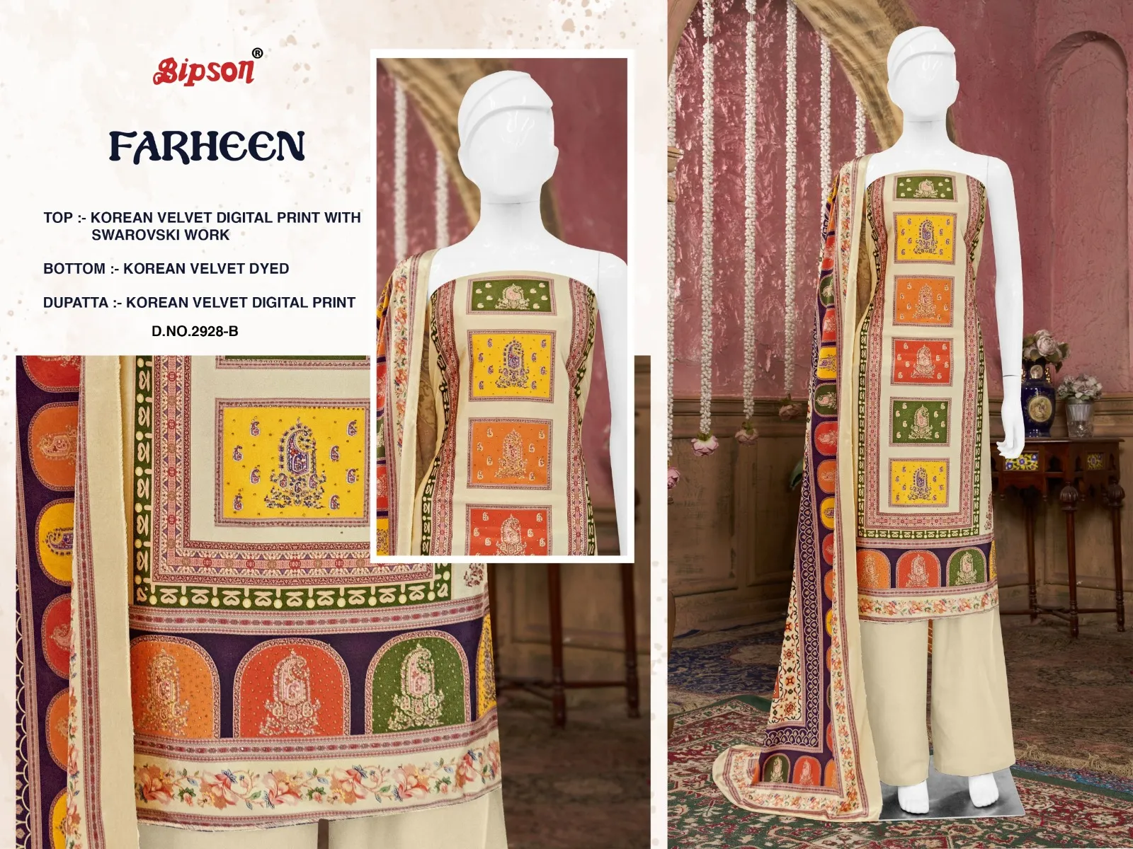 Bipson Prints Farheen 2928 Korean Velvet Wholesale Winter Salwar Suit Collection — Wholesale Winter Suits, Bipson wholesale from Surat - Gallery Image 2