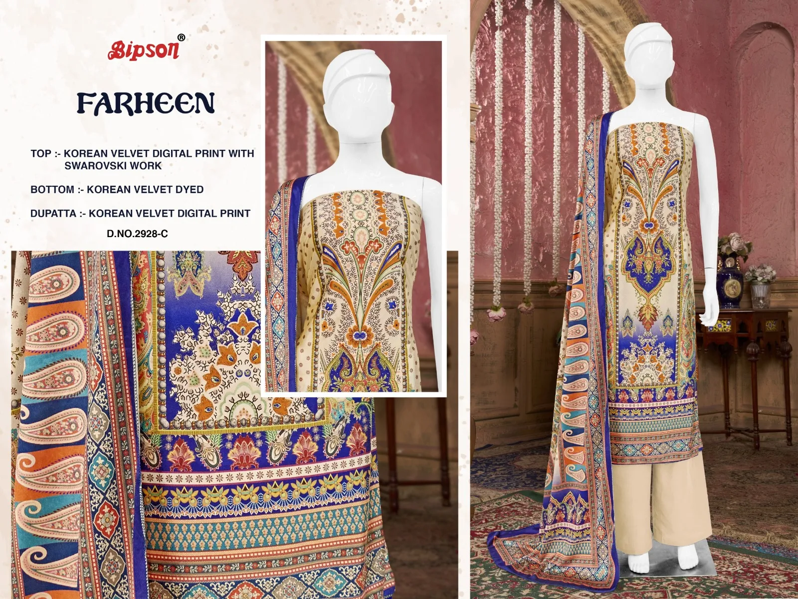 Bipson Prints Farheen 2928 Korean Velvet Wholesale Winter Salwar Suit Collection — Wholesale Winter Suits, Bipson wholesale from Surat — view 7