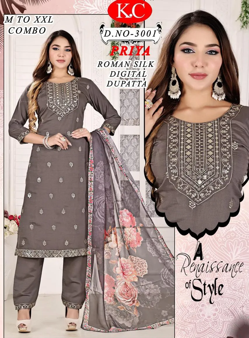 Navkar K.C Priya Heavy Roman Silk Wholesale Readymade Salwar Suit Collection