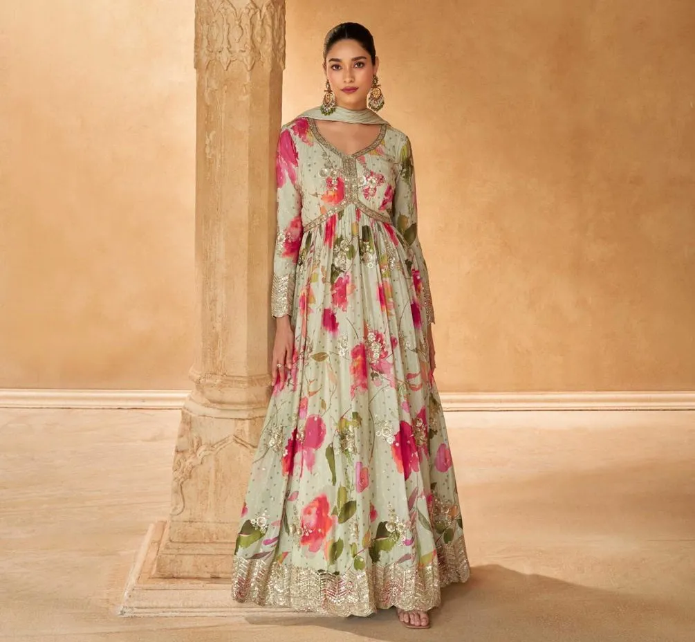 Sayuri Saanj Chinon Wholesale Designer Gown With Dupatta Collection