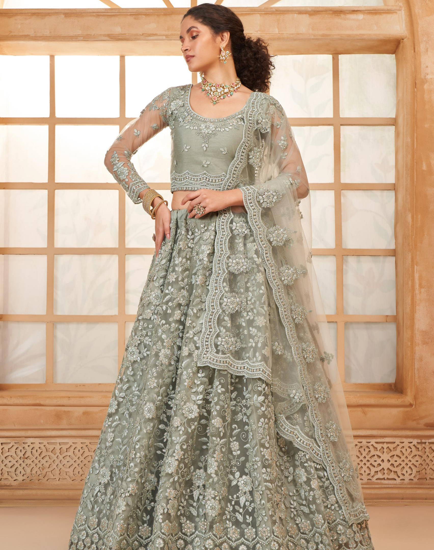 "Alizeh Bridal Heritage Color Saga Vol 3 Collection : Exquisite bridal lehenga choli crafted with net and silk, 3-meter flair with cancan, at wholesale