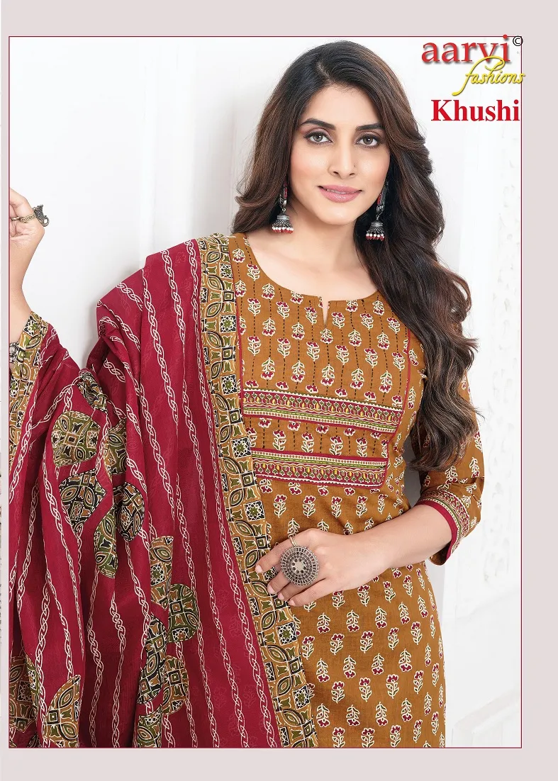 Aarvi Khushi Vol 1 Cotton Ajrakh Printed Kurti Bottom With Dupatta Catalog