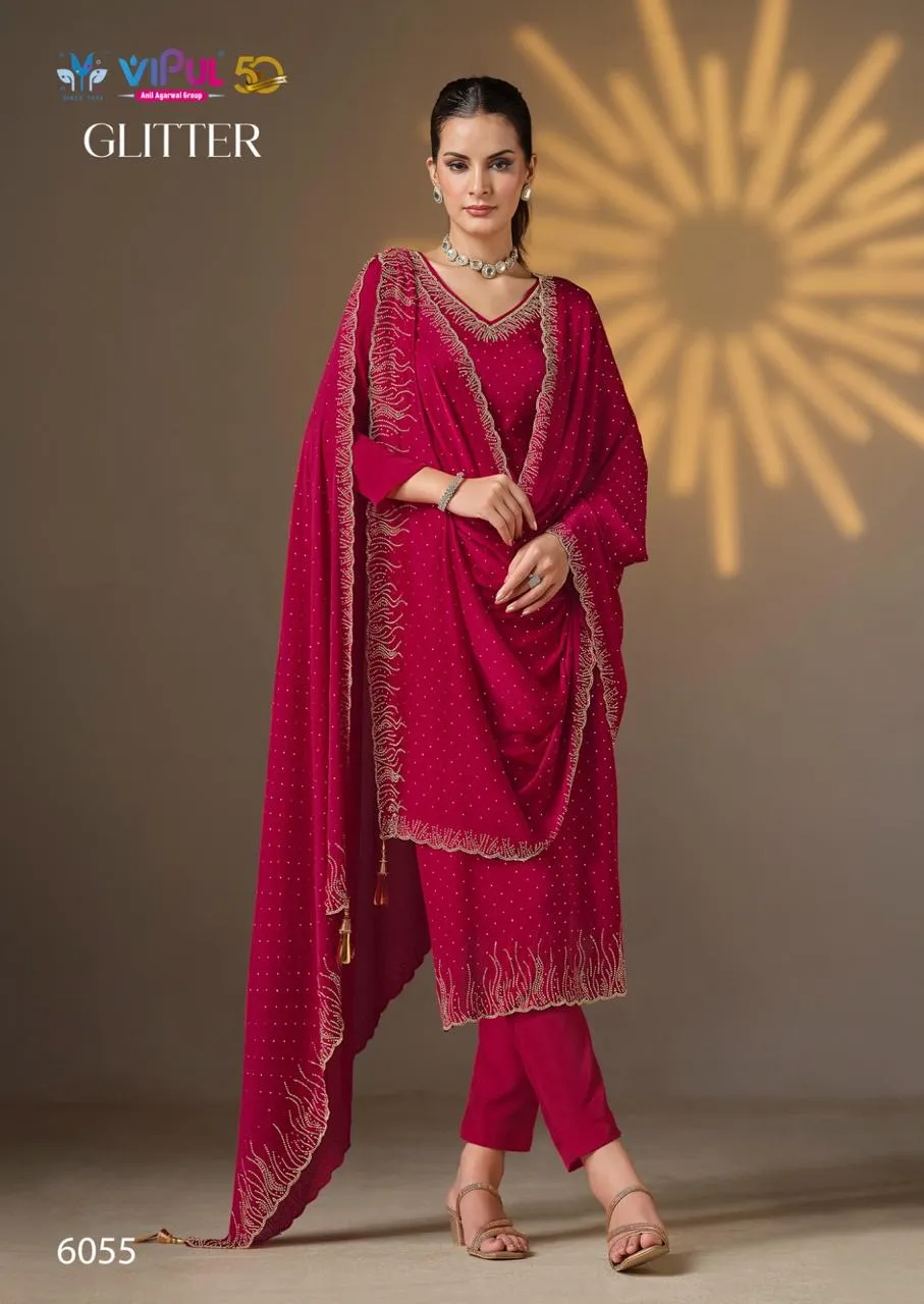 Gliter Vipul Soft Satin Chiffon Wholesale Unstitched Salwar Suit Catalog