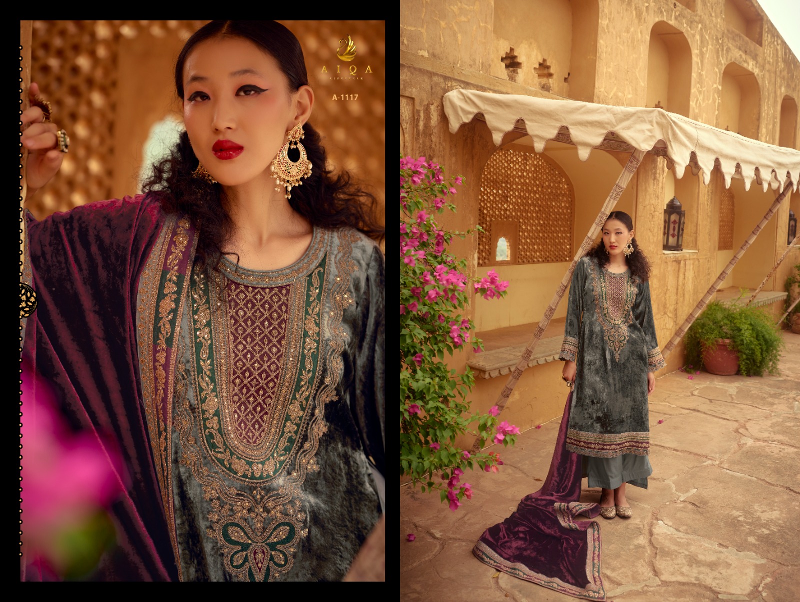 AIQA Presents Surkh Pure Velvet With Fancy Work Wholesale Designer Salwar Suits Collection - Image 5