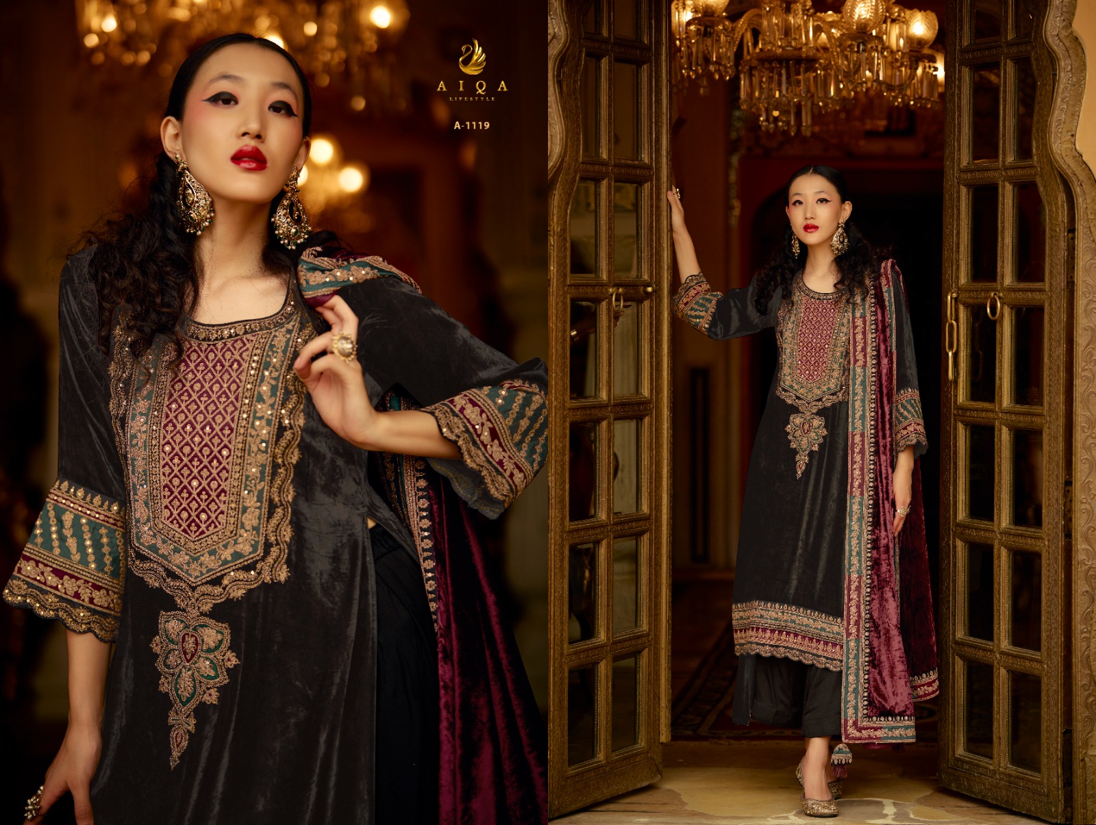 AIQA Presents Surkh Pure Velvet With Fancy Work Wholesale Designer Salwar Suits Collection - Image 8