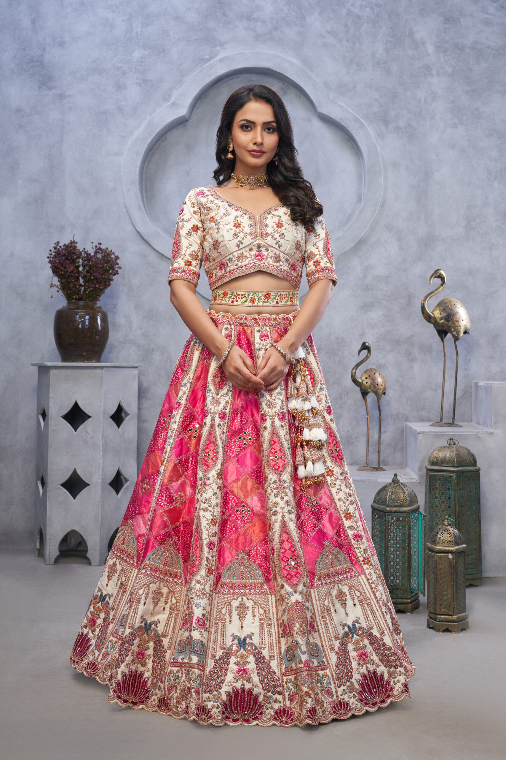 Bridal Lehenga with Temple Motifs, Peacock Designs & Bandhej Jacquard Patches (1)