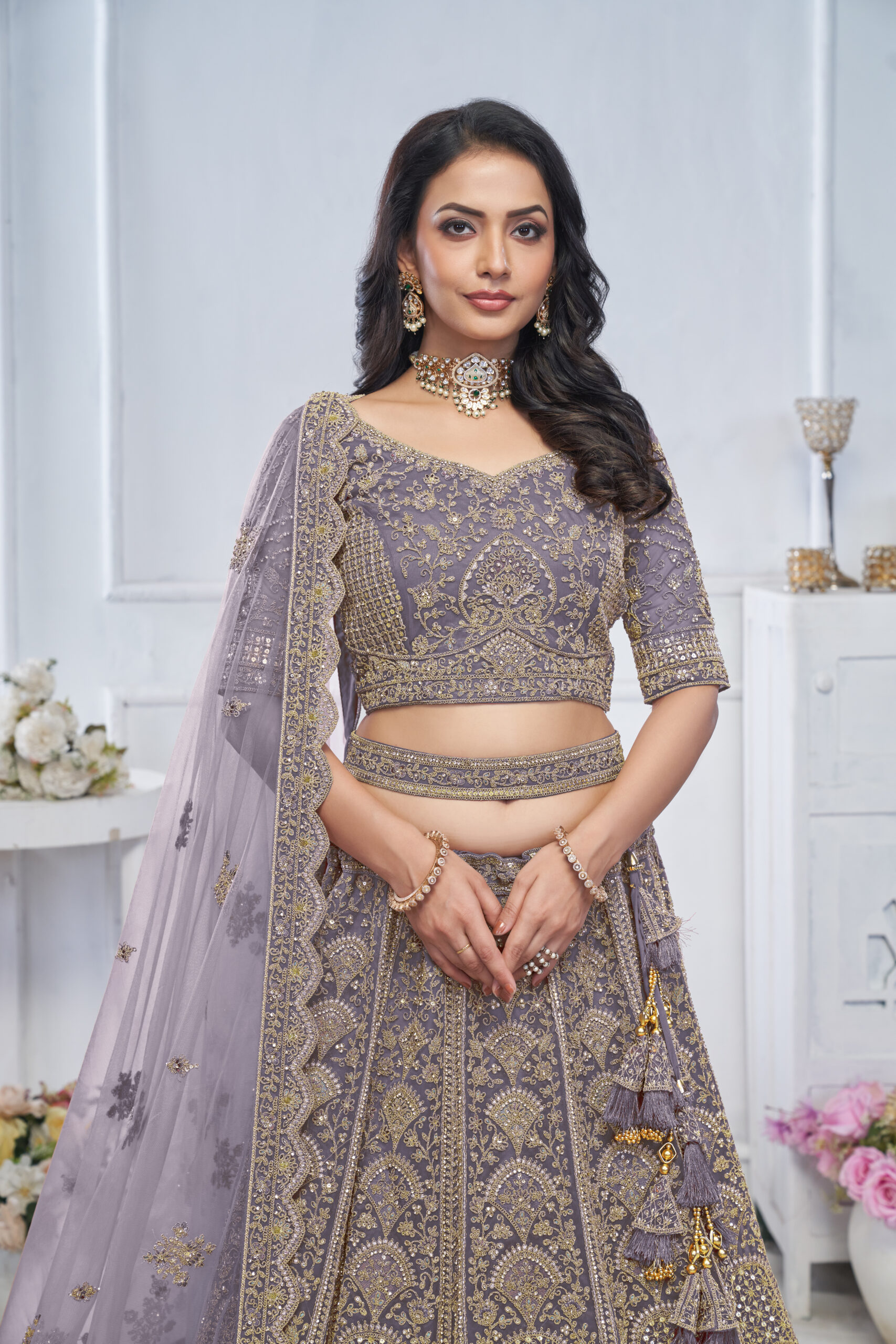 VE Soft Net Peacock Embroidered Purple Designer Bridal lehenga Collection