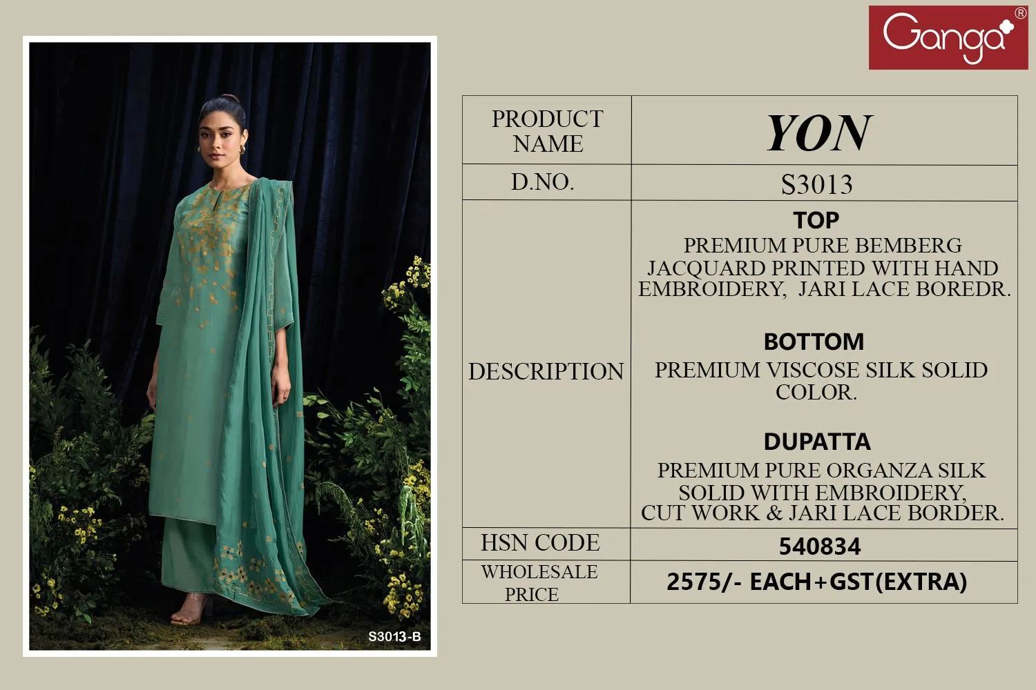 Ganga Yon 3013 Premium Pure Bemberg Wholesale Fancy Salwar Suit Collection - Image 3