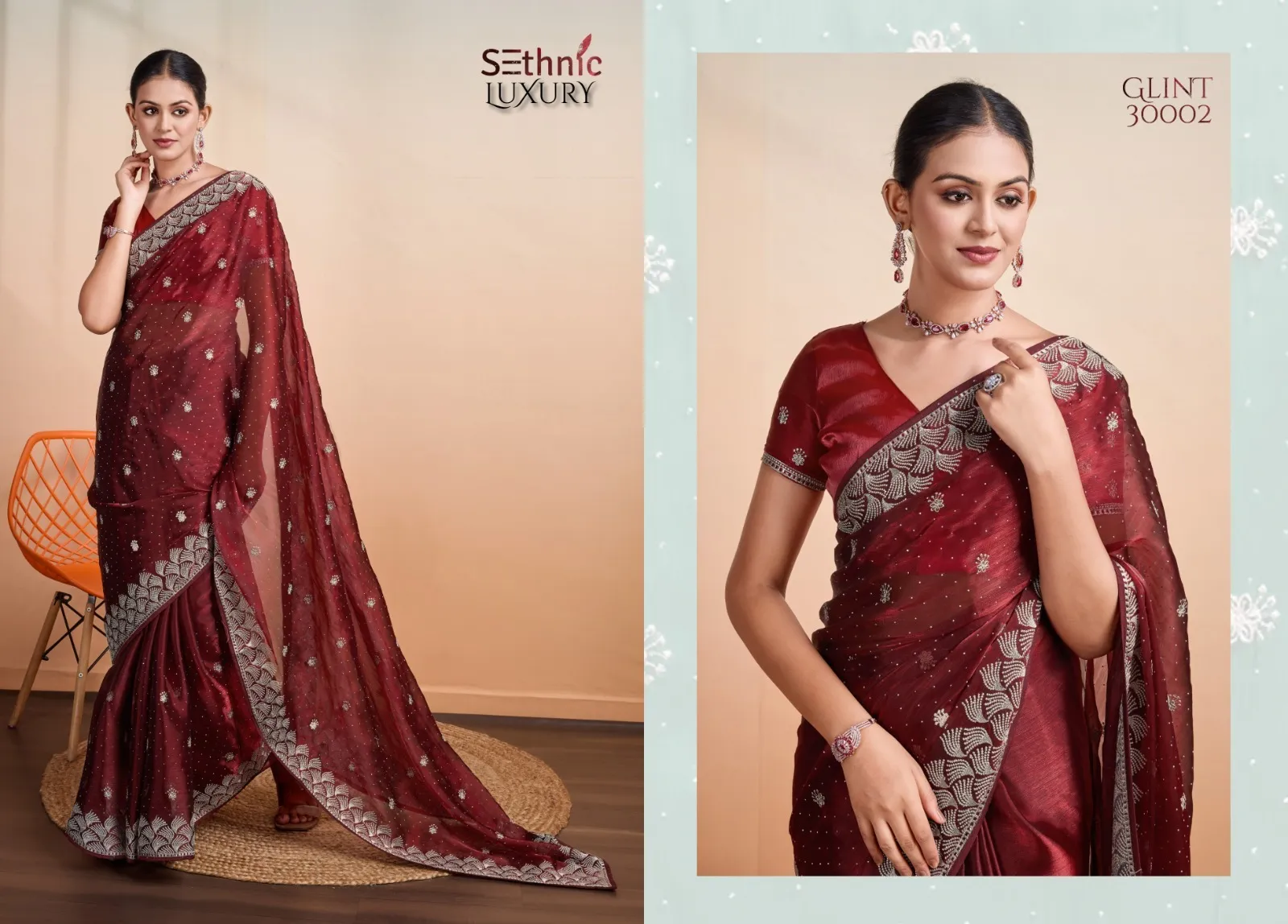 Sethnic Lifestyle Glint Gala Blooming Burberry Wholesale Party Wear Sarees Collection - Image 3