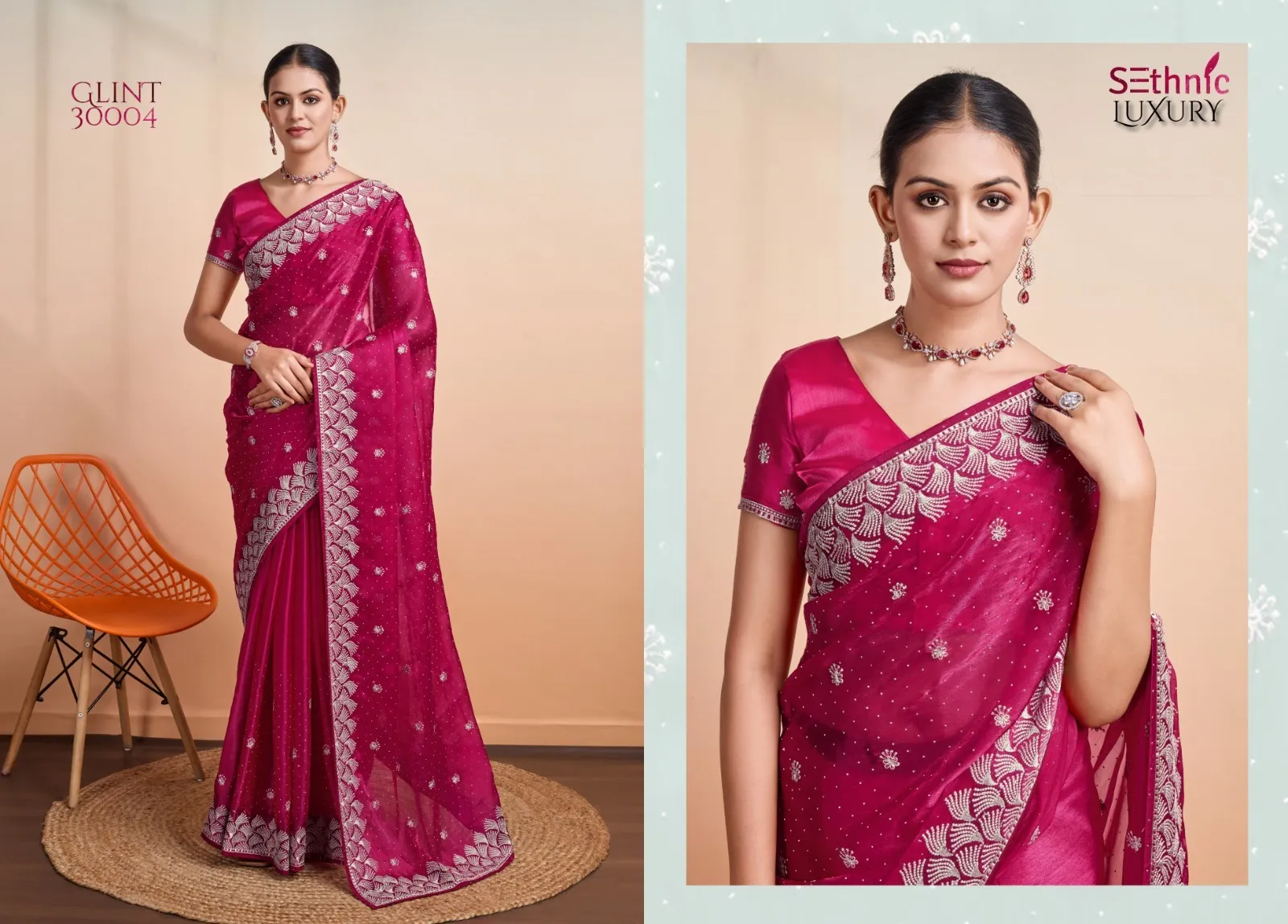 Sethnic Lifestyle Glint Gala Blooming Burberry Wholesale Party Wear Sarees Collection - Image 4
