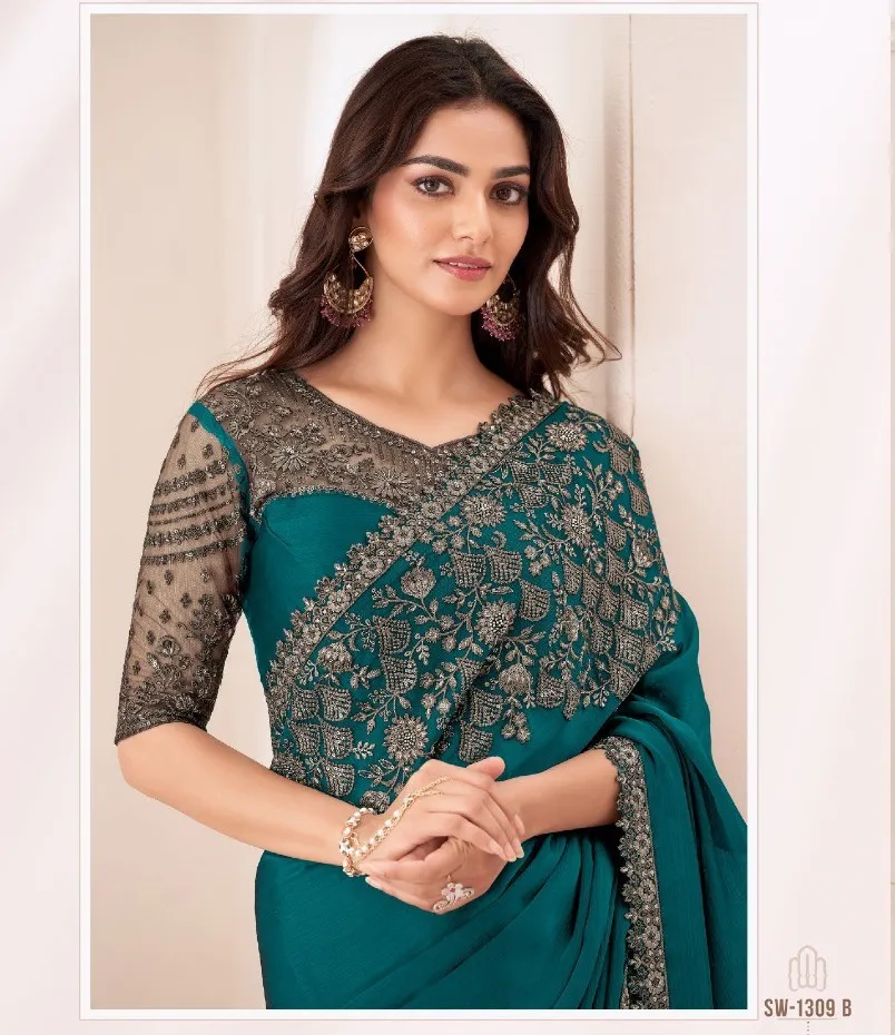 Tfh Sandalwood 1309 Colour’S Sartin Chiffon Wholesale Designer Sarees Collection