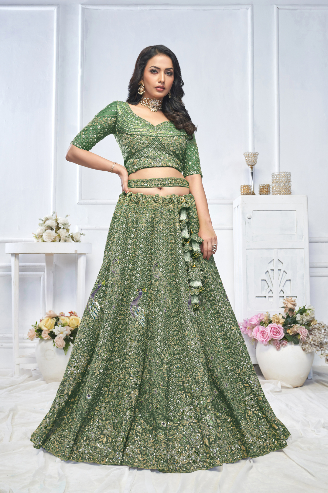 Elegant Mehendi-Perfect Green Lehenga with Floral & Peacock Motifs - Image 4