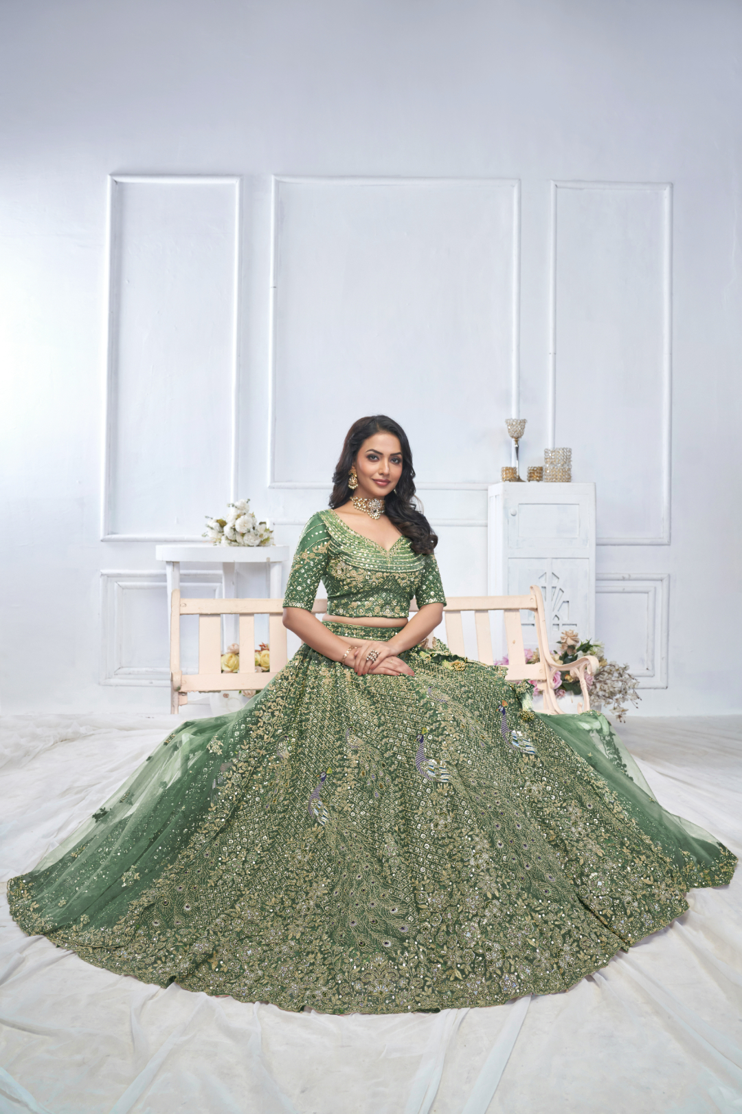 Elegant Mehendi-Perfect Green Lehenga with Floral & Peacock Motifs - Image 3