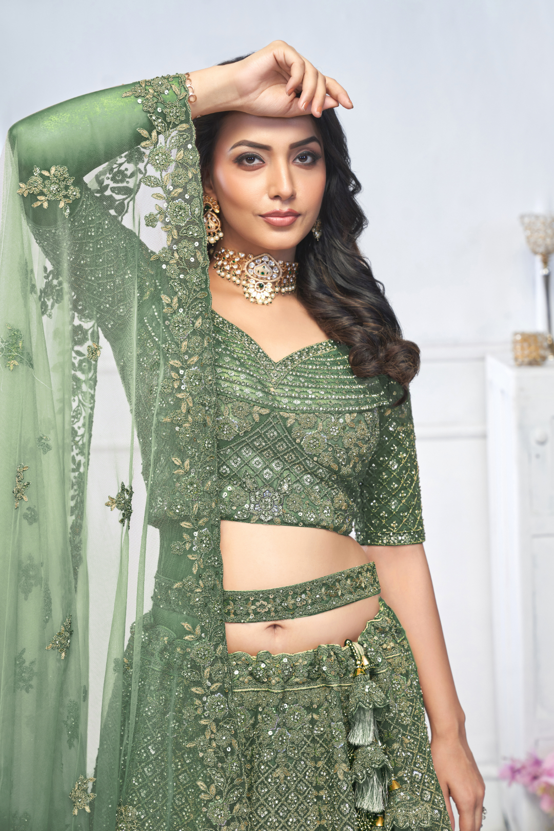 Elegant Mehendi-Perfect Green Lehenga with Floral & Peacock Motifs - Image 2