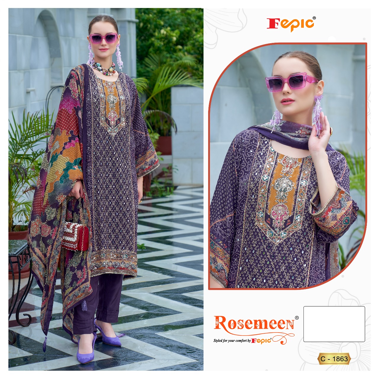 Fepic 1863 Pure Natural Crape Printed Wholesale Pakistani Salwar Suit Catalog - Image 2