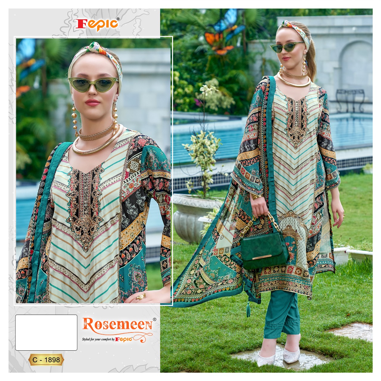 Fepic 1898 Pure Natural Crape Printed Wholesale Pakistani Salwar Suit Catalog - Image 2