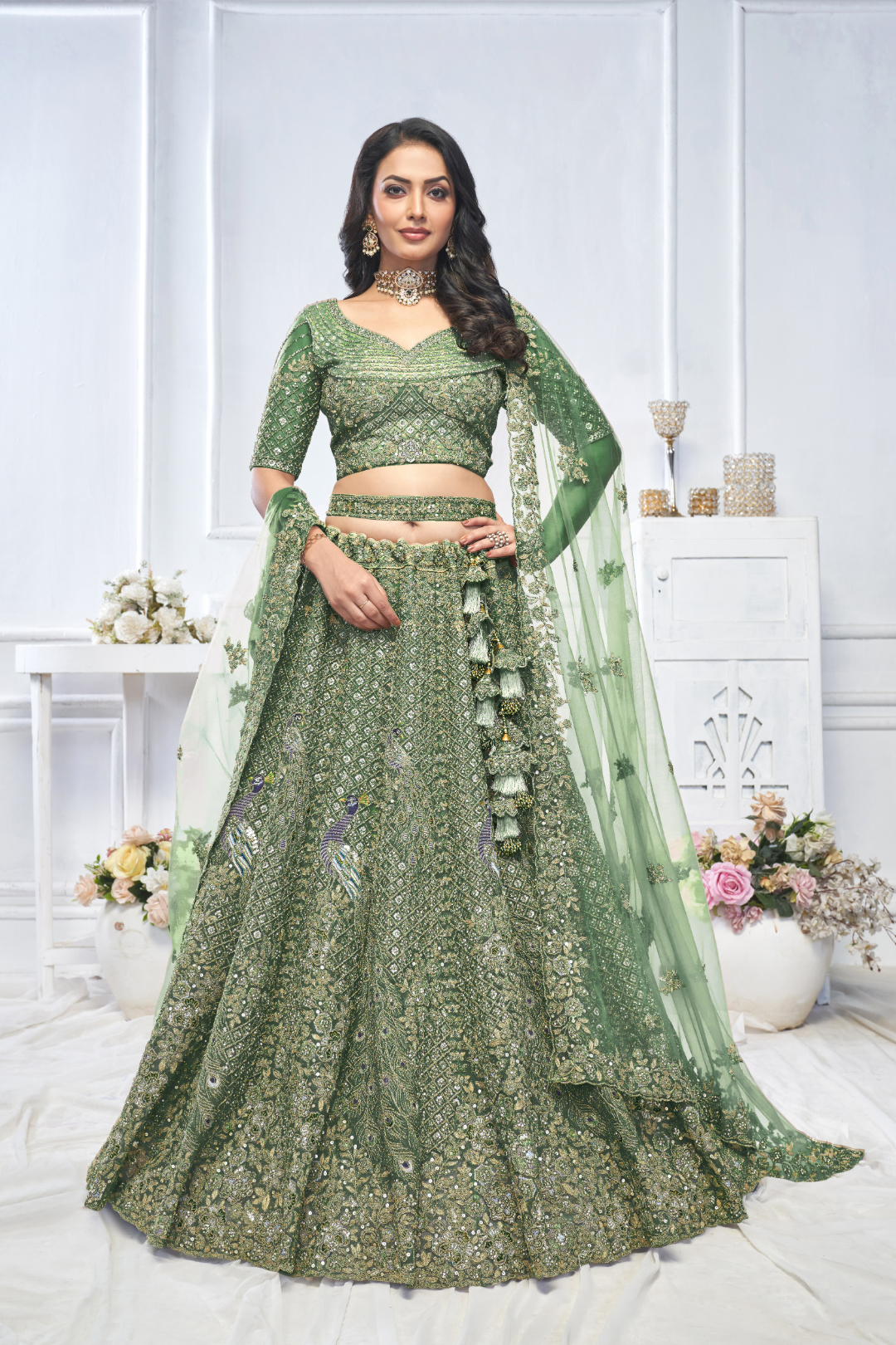 Elegant Mehendi-Perfect Green Lehenga with Floral & Peacock Motifs