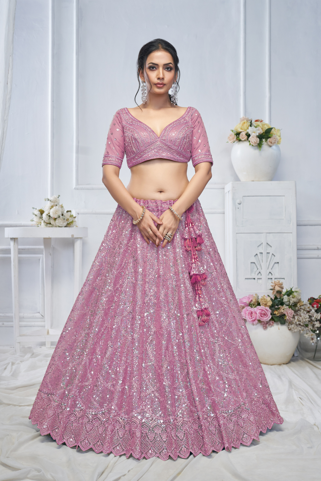 Alluring Purple Sequins Net Bridesmaid Lehenga Choli with Dupatta (5)