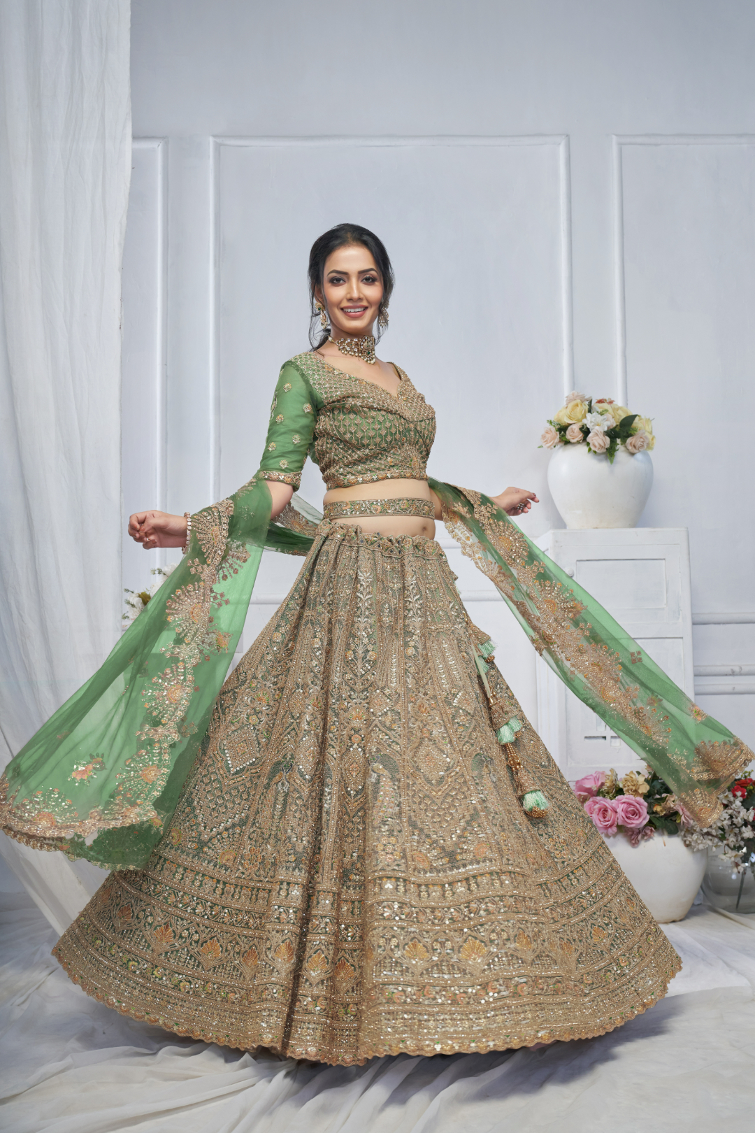 Royal Grandeur Green Mehendi Lehenga with Paisley & Peacock Motifs