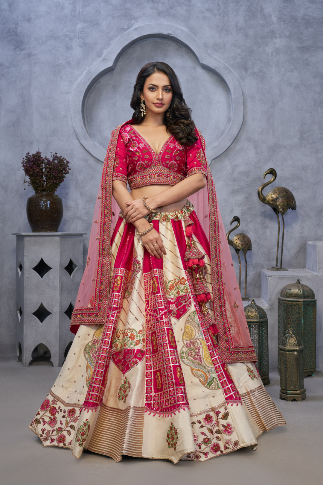 The Red and White Raw Silk Masterpiece Lehenga