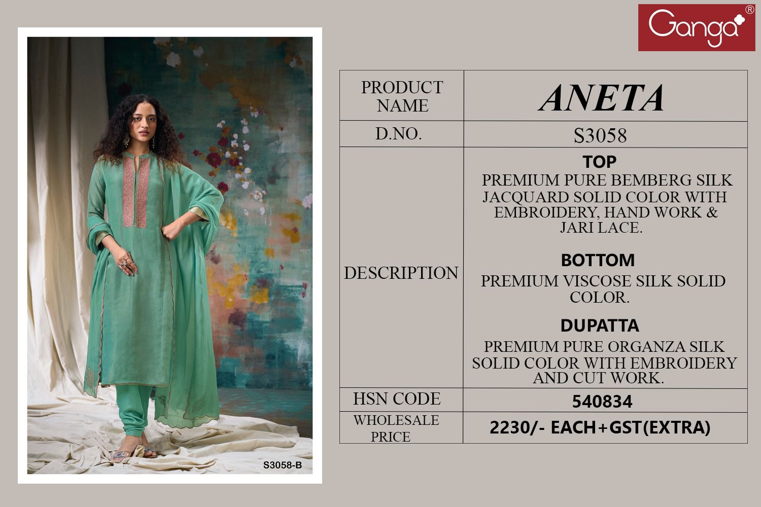Ganga Aneta 3058 Premium Pure Bemberg Silk Wholesale Designer Salwar Suit Catalog - Image 3