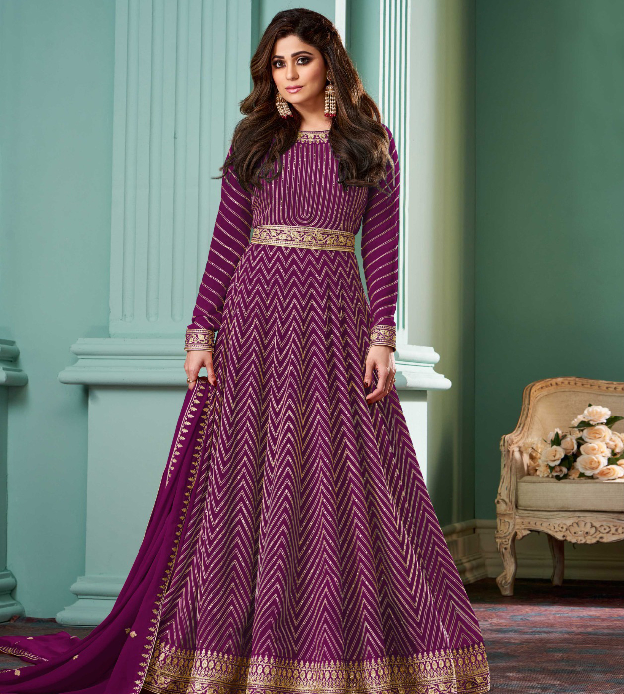 Aashirwad Alizza Gold New Colors Real Georgette Wholesale Designer Long Gown With Dupatta Catalog