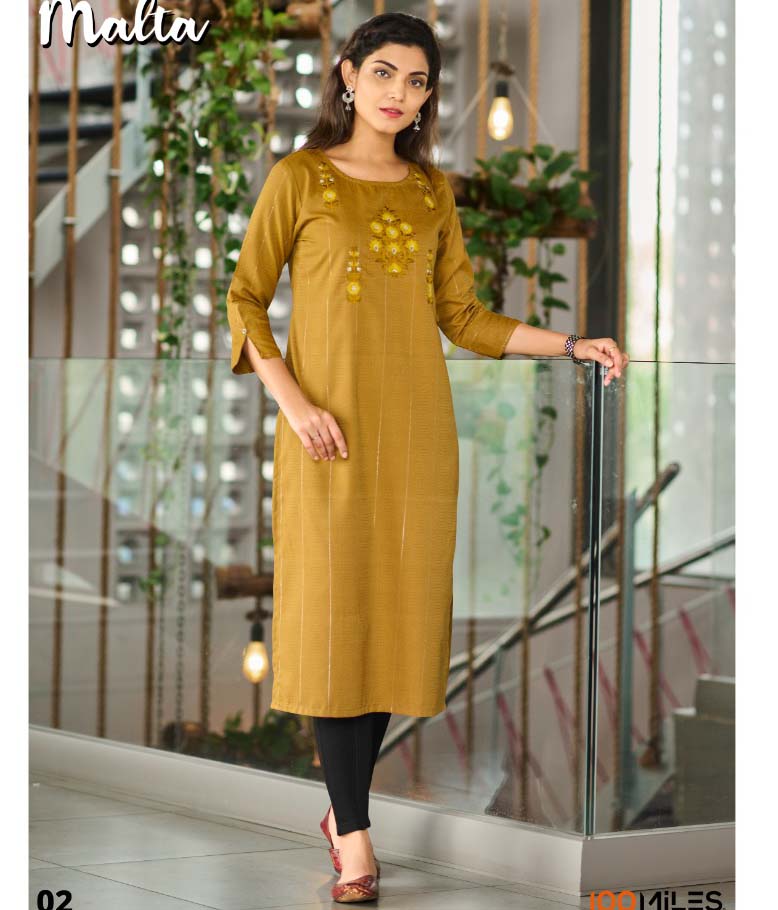 100 Miles Malta Blended Cotton Wholesale Fancy Kurtis Catalog