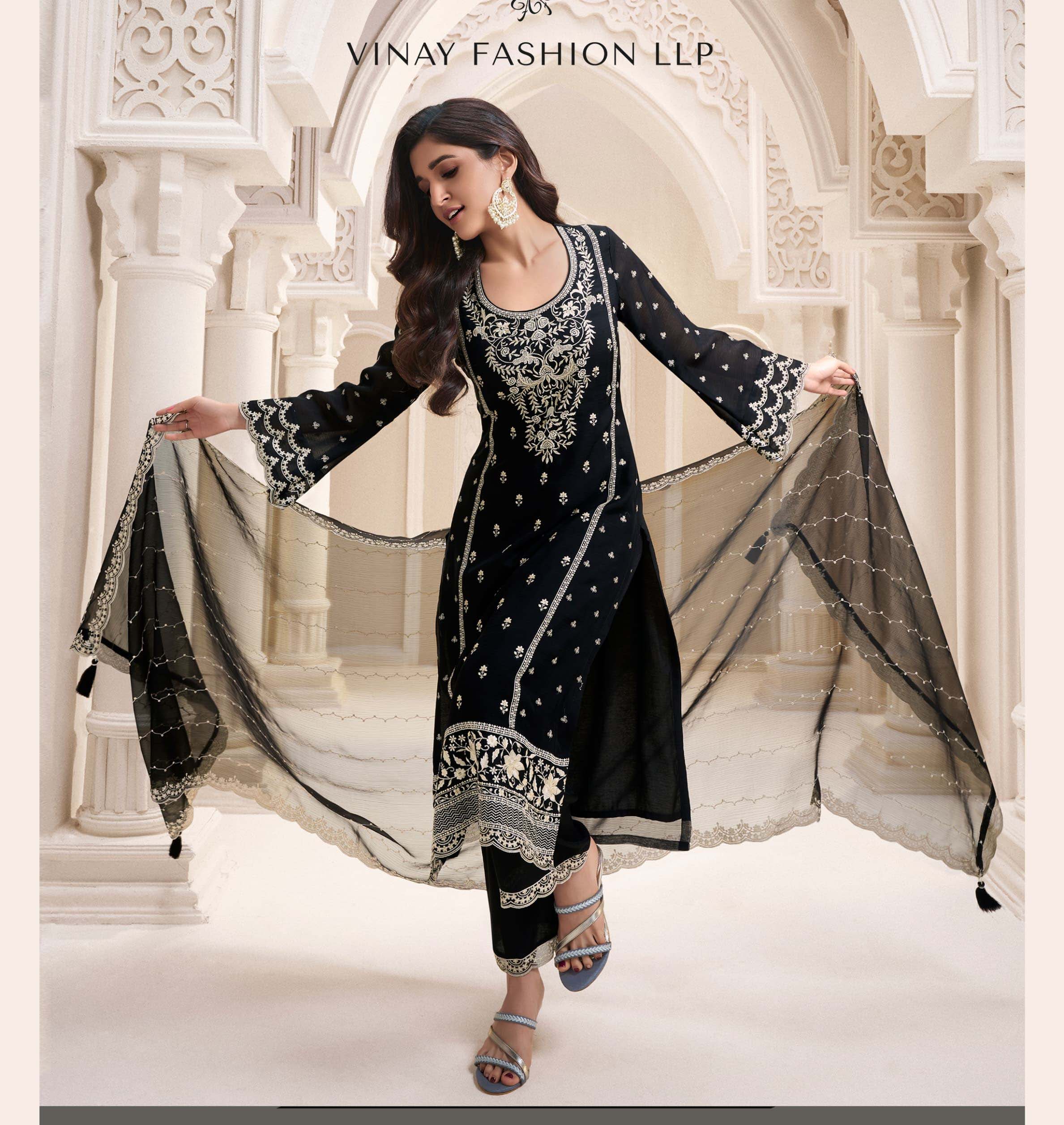 Vinay Kuleesh Naisha Silk Chiffon Wholesale Designer Salwar Suit Catalog