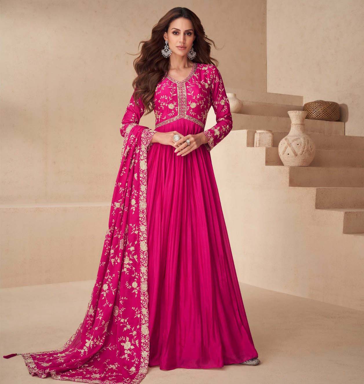 Aashirwad Kayseria Chinnon Silk Wholesale Designer Gown With Dupatta Catalog