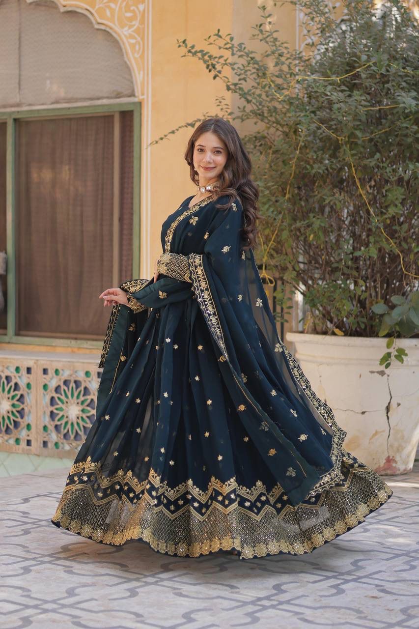ZSR Navy Blue Heavy Faux Georgette Gown With Embroidery & Sequence Work