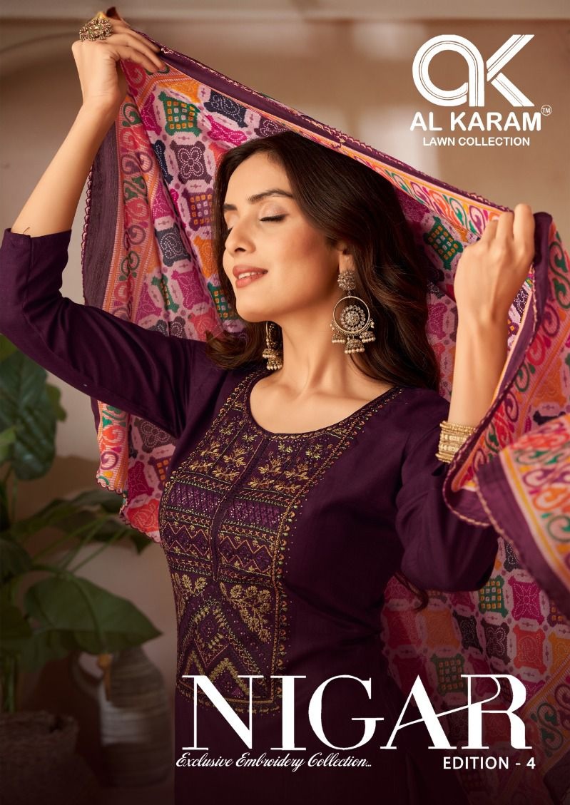 Alkaram Nigar Vol-4 Rayon Wholesale Exclusive Embroidery Dress Material Catalog