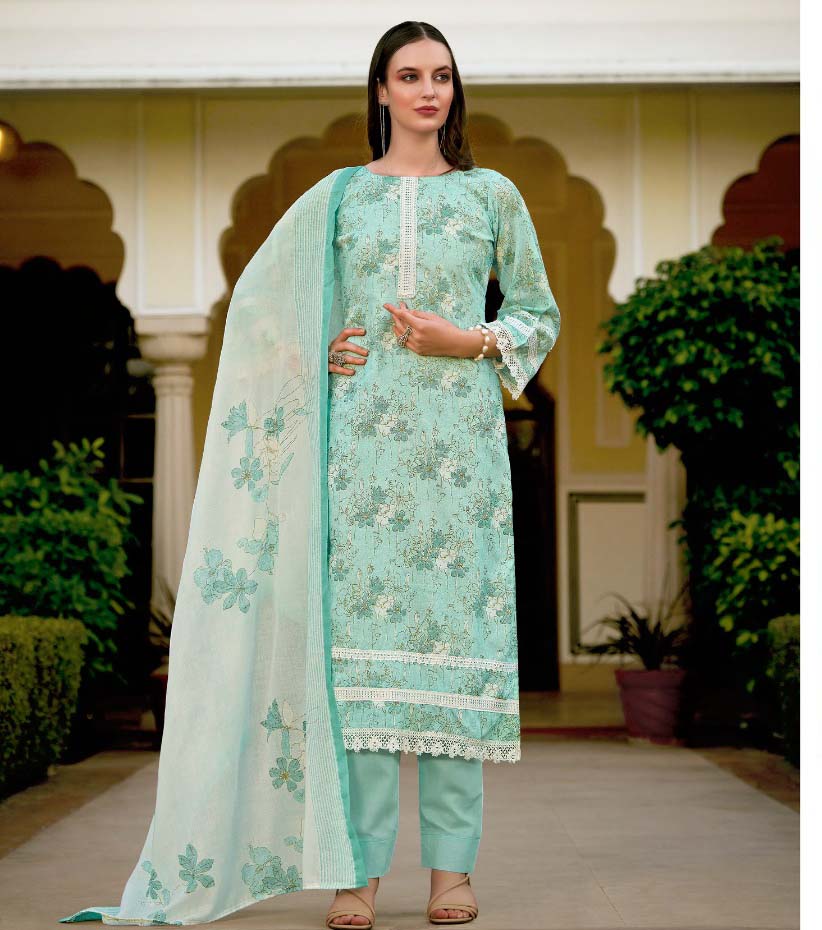 Belliza Raha Cotton Printed With Lace Work Wholesale Pakistani Dress Material Catalog