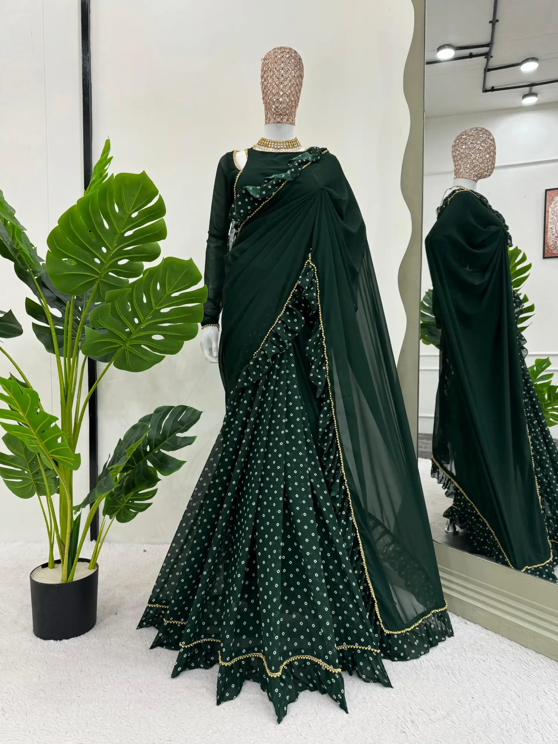Black Faux Georgette with Ruffle & Digital Print Ready to Wear Saree Collection