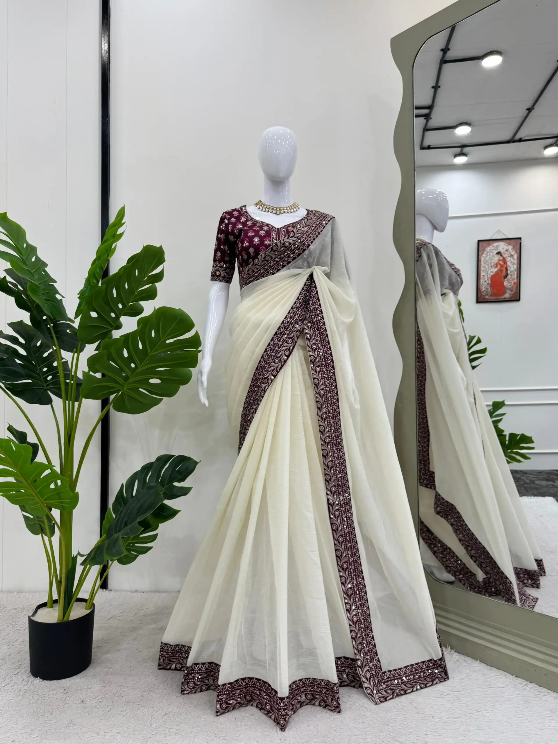 Crunchy White Silk with Thread & Sequence Embroidery Designer Saree - Image 3