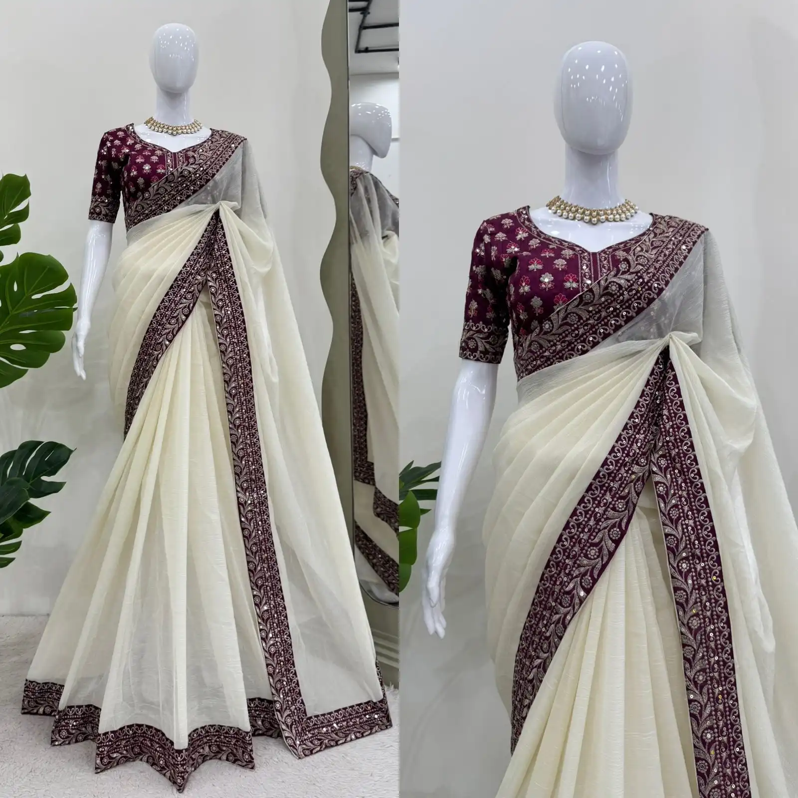 Crunchy White Silk with Thread & Sequence Embroidery Designer Saree - Image 2