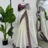 Crunchy White Silk with Thread & Sequence Embroidery Designer Saree
