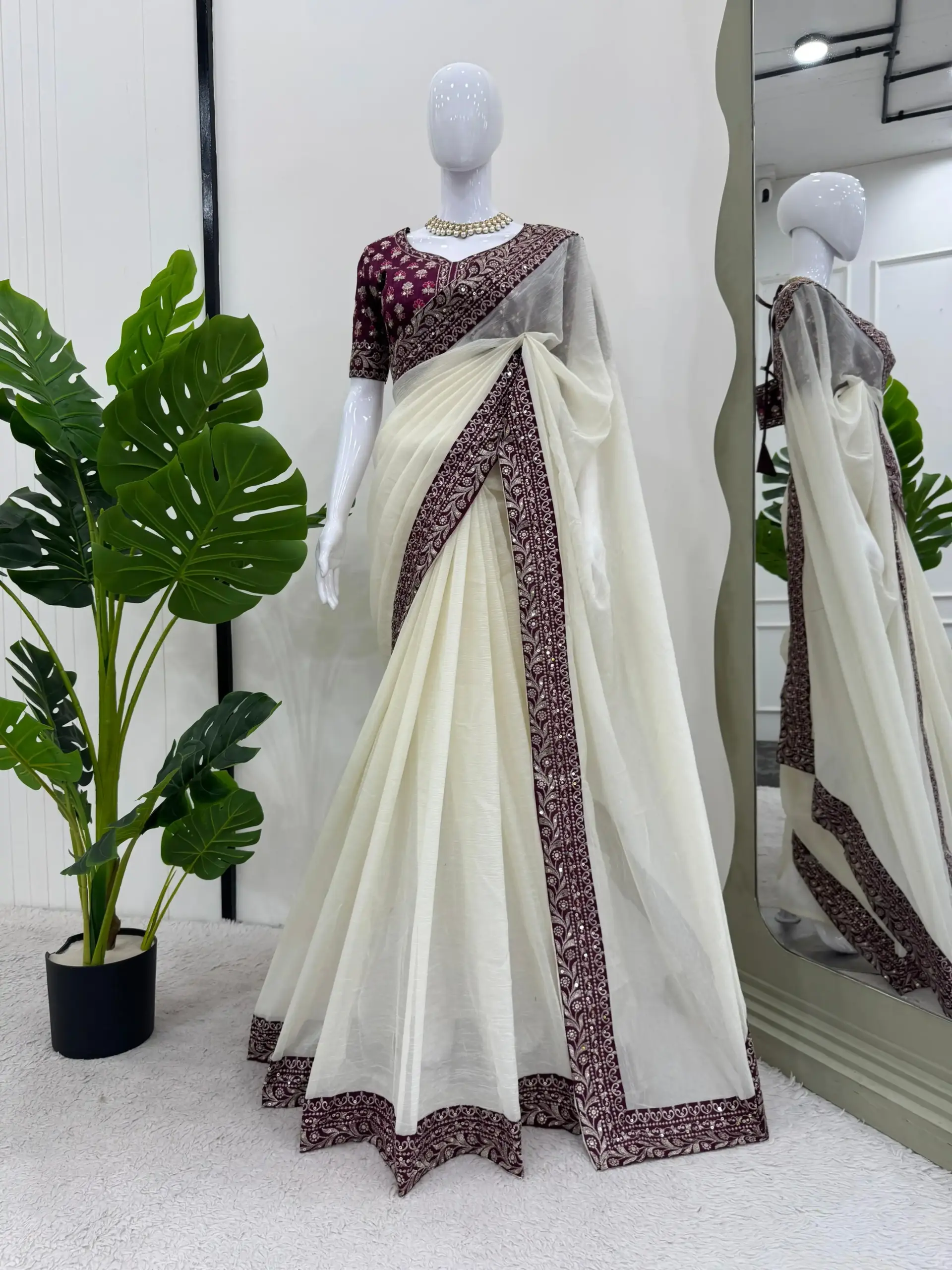 Crunchy White Silk with Thread & Sequence Embroidery Designer Saree