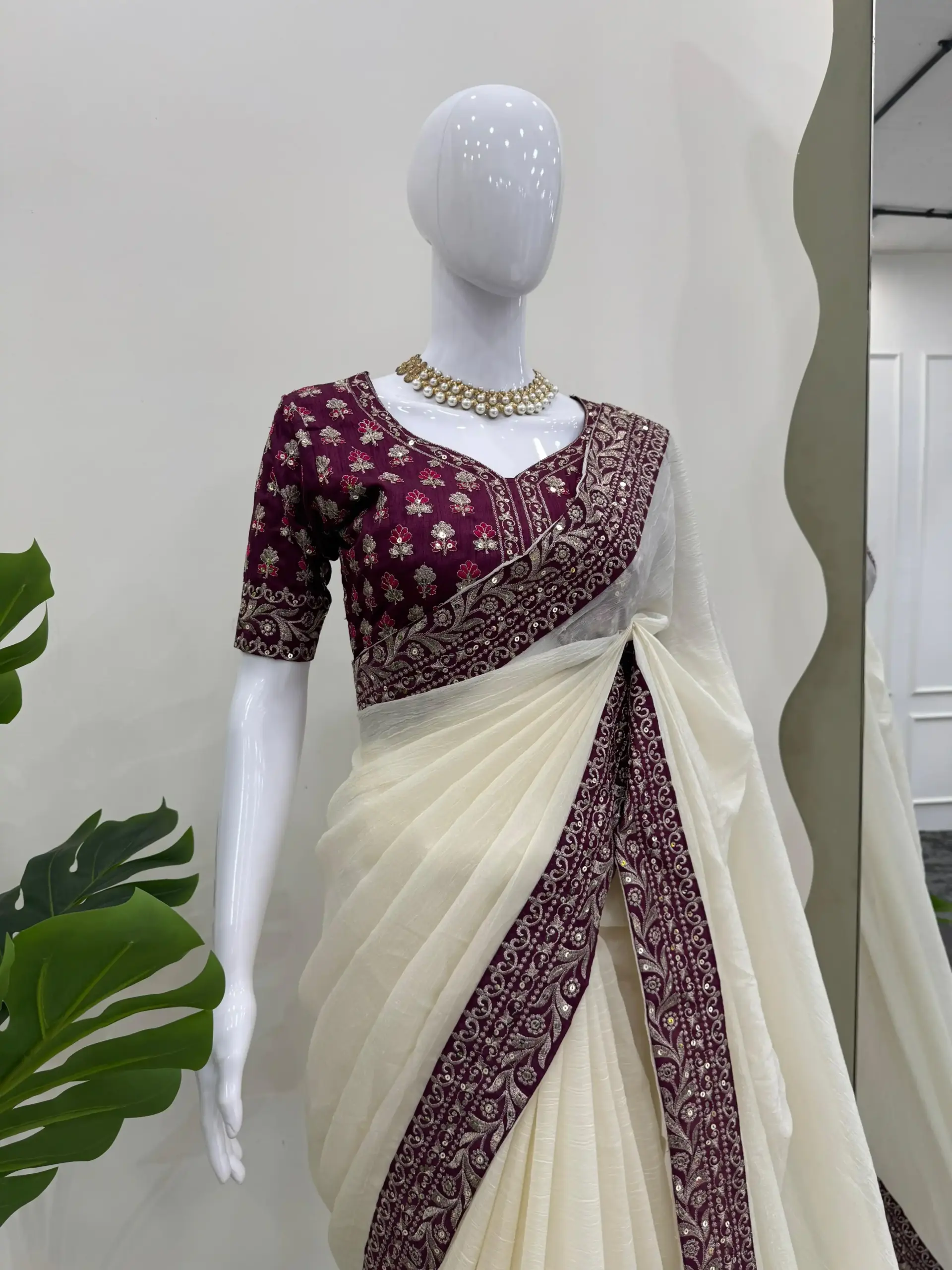 Crunchy White Silk with Thread & Sequence Embroidery Designer Saree - Image 4
