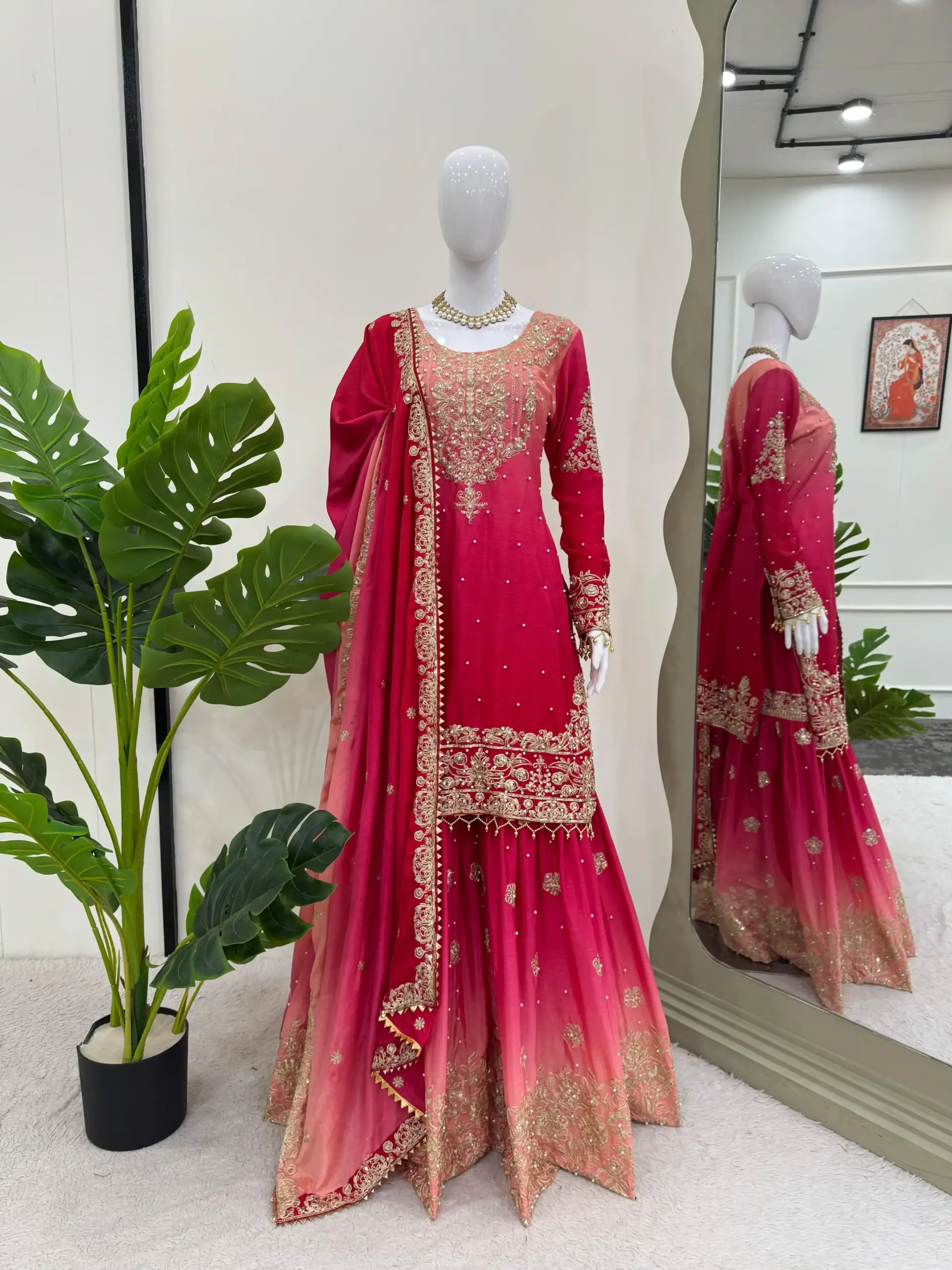 Designer Heavy Chinon Suit with Sharara and Dupatta.