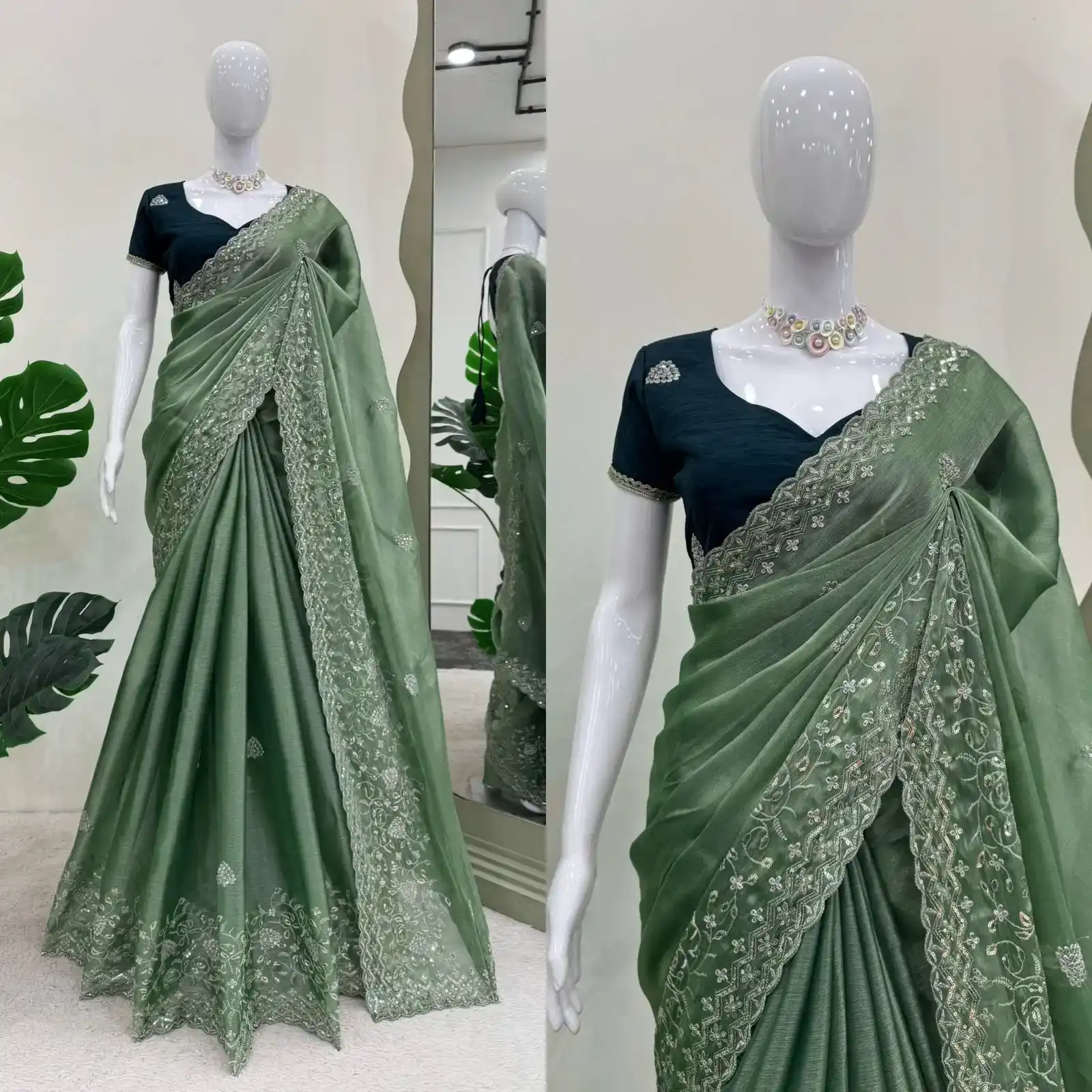 Elegant Olive Green Burberry with Thread & Sequence Work Silk Saree Collection - Image 3