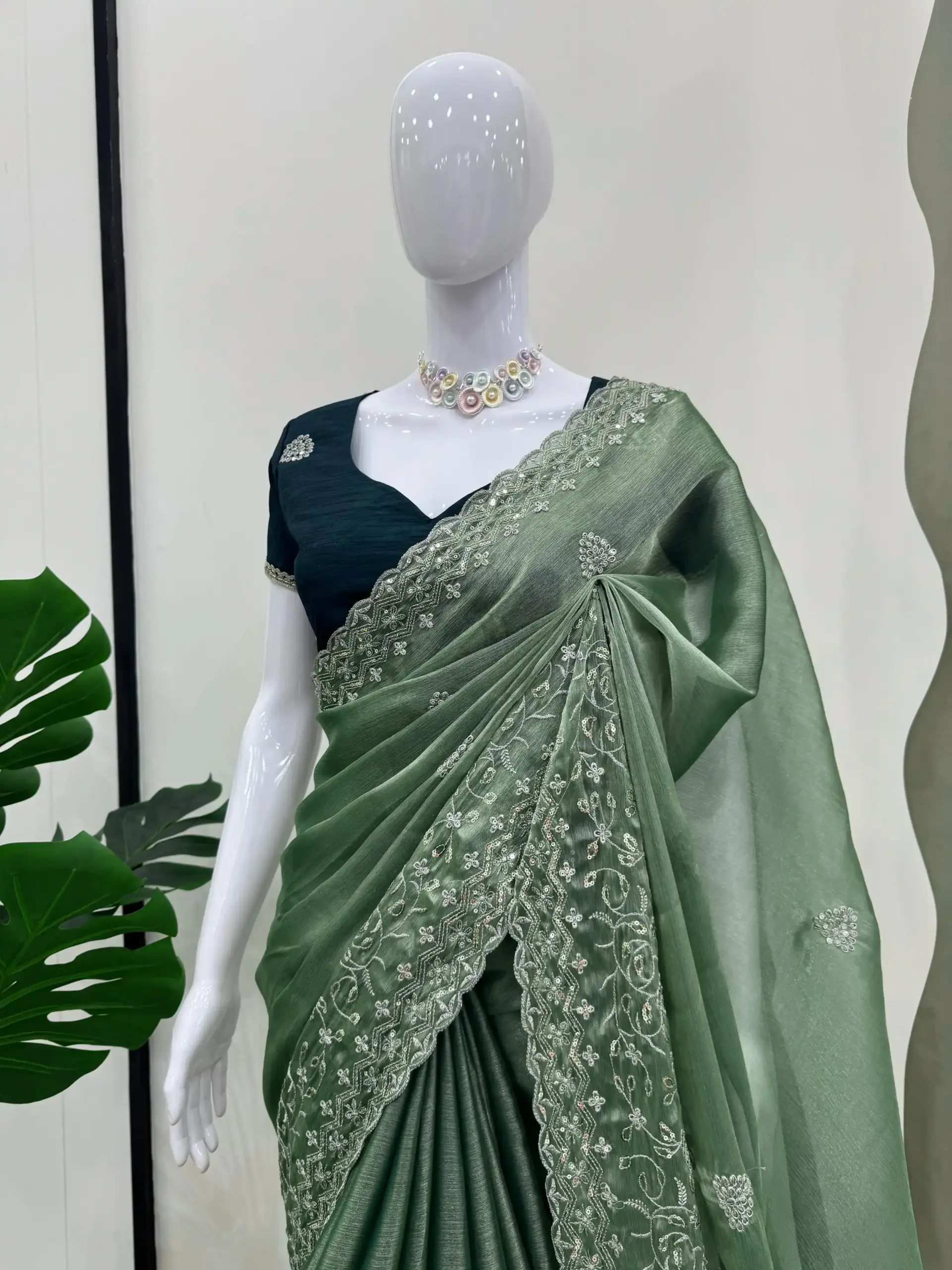 Elegant Olive Green Burberry with Thread & Sequence Work Silk Saree Collection - Image 2
