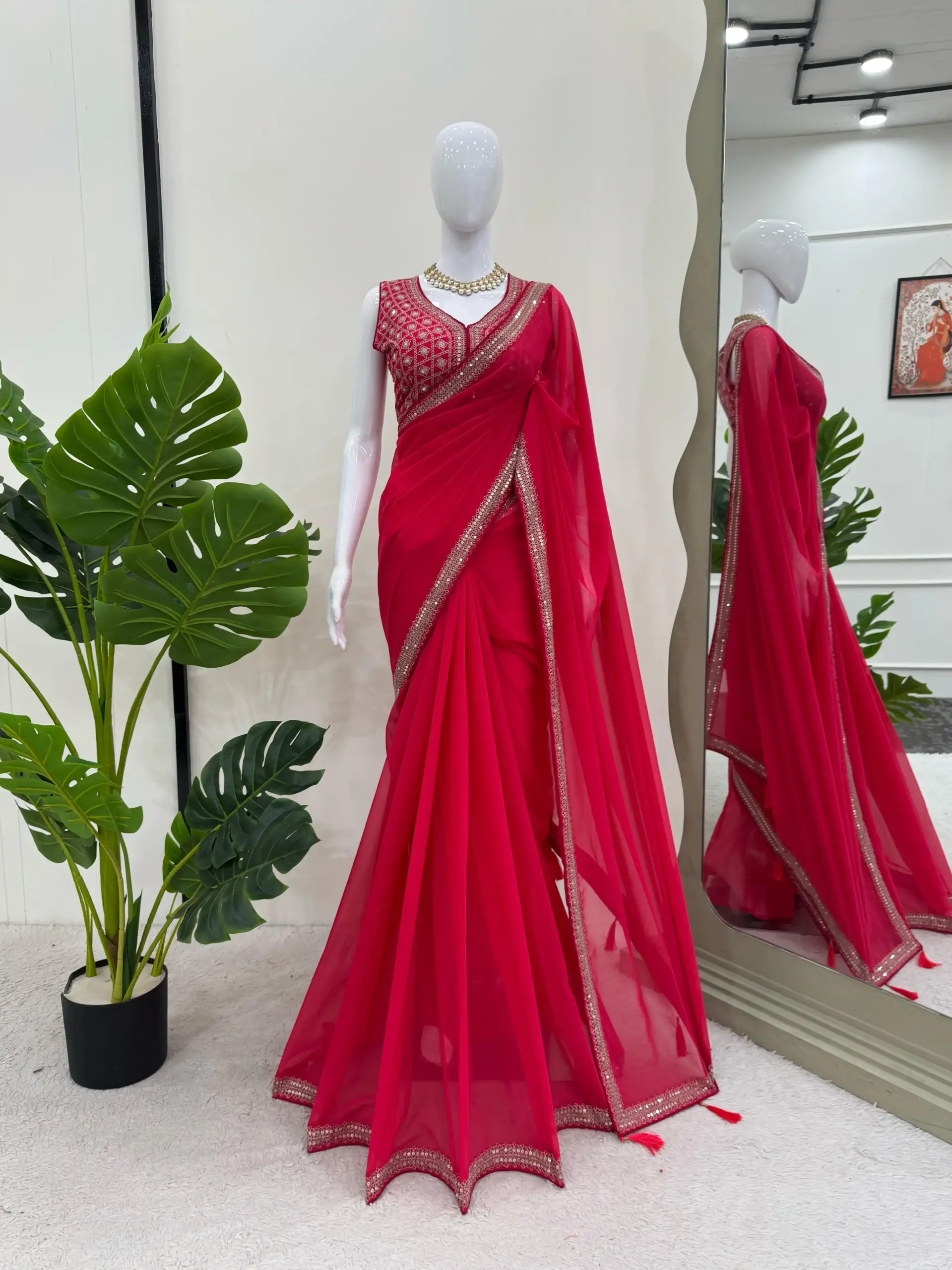 Elegant Red Faux Georgette with Thread & Sequence work Saree Collection - Image 3