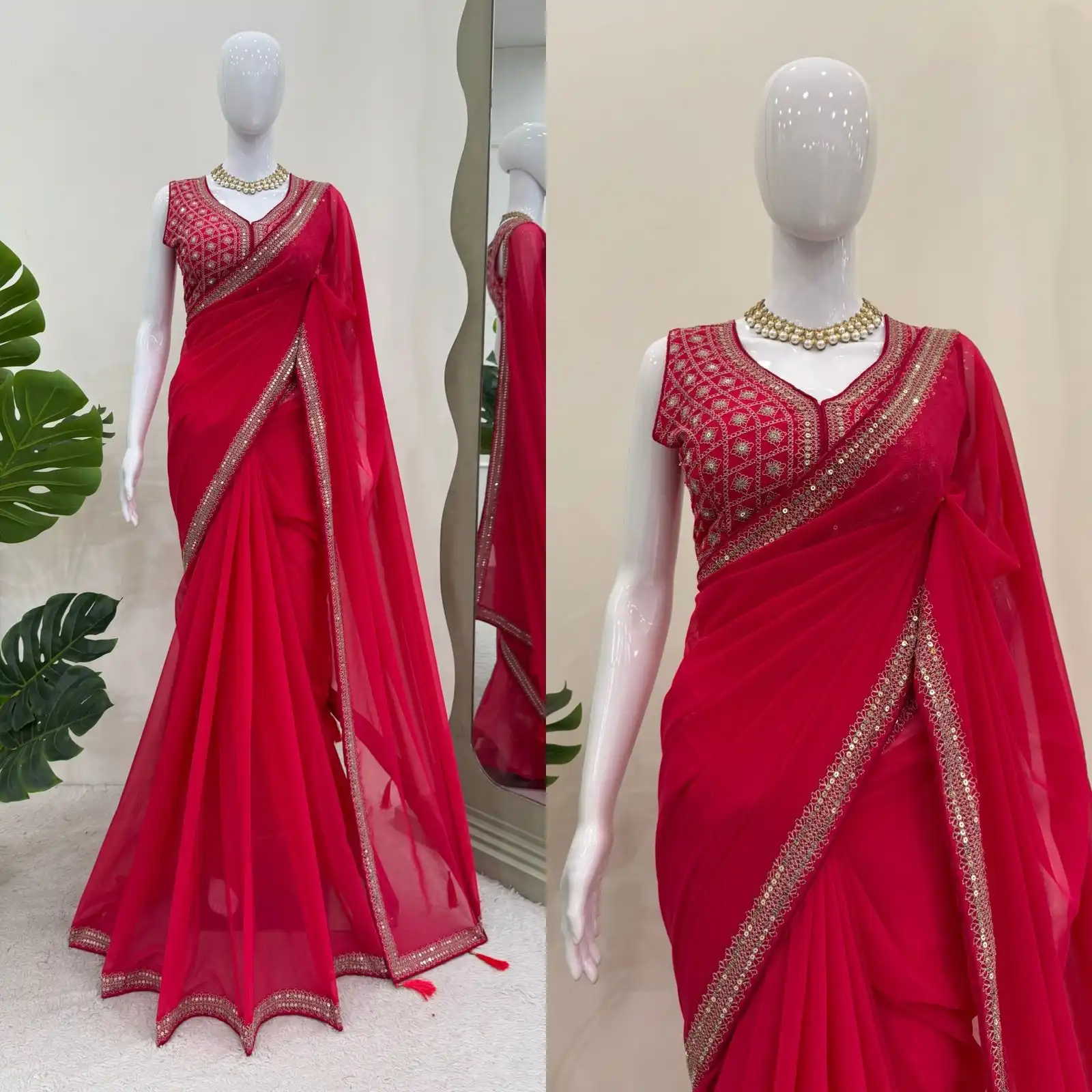 Elegant Red Faux Georgette with Thread & Sequence work Saree Collection - Image 4